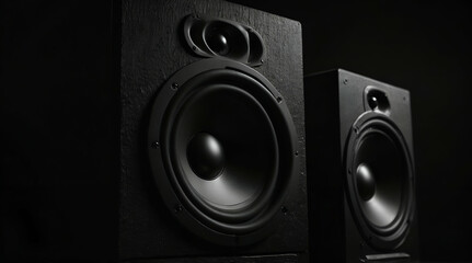 Fototapeta premium Two sound speakers with free space between them on black background,generative.ai 