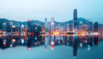 Obraz premium A stunning city skyline at dusk, reflecting lights on the water's surface.