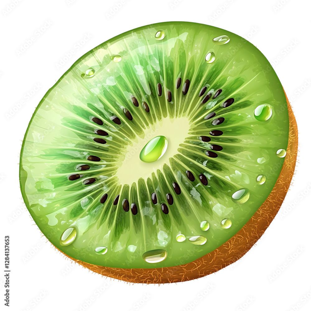Poster green kiwi slice with drop golden isolated on transparent background