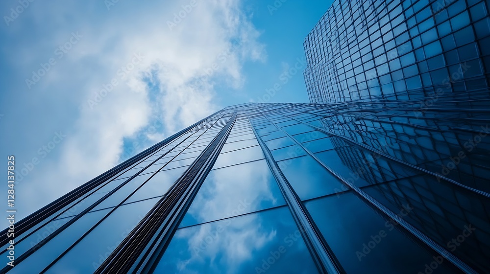 Poster impressive low angle view of modern skyscrapers reflecting clouds in a bright blue sky : generative 