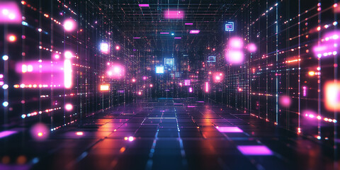 Obraz premium Abstract futuristic corridor with glowing data streams and grid patterns. Data visualization and network communication concept. Technology background.