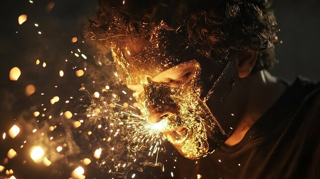 Dramatic Golden Man Sparkler Face Art Portrait Artistic Powerful Intense Mysterious Dark Night Fantasy Surrealism Fiery Gold Texture Bold Powerful - Powered by Adobe