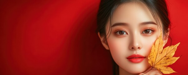 Obraz premium Young woman holding autumn leaf against vibrant red background with captivating gaze