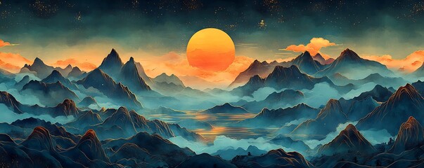 Majestic Mountain Range at Sunrise, Digital Art