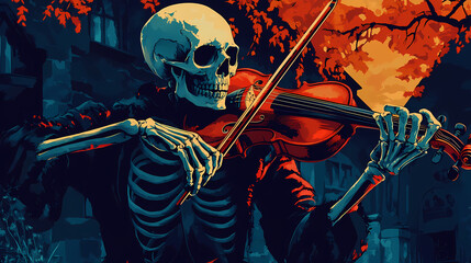 Medieval skeleton violinist: spooky nighttime gothic music scene. Haunted Violinist in the Shadows. Illustration