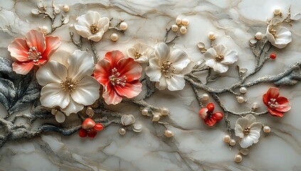 Ornate Floral Design on Marble-Textured Background
