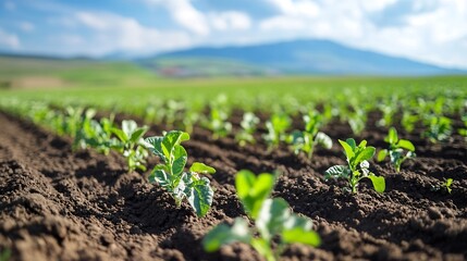 Lush green crop growth in rich soil under bright blue sky showcasing agriculture and nature : Generative AI
