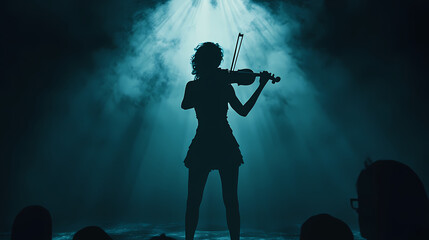 Shadowy performer on stage, with only their silhouette visible to the audience, generative ai. Haunted Violinist in the Shadows. Illustration