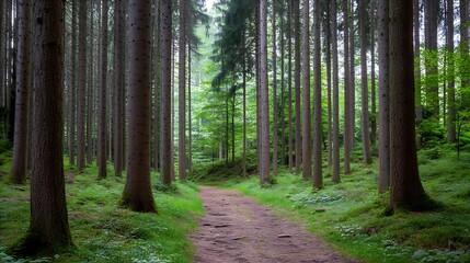 Obraz premium Serene forest path surrounded by tall trees and lush greenery on a calm day : Generative AI