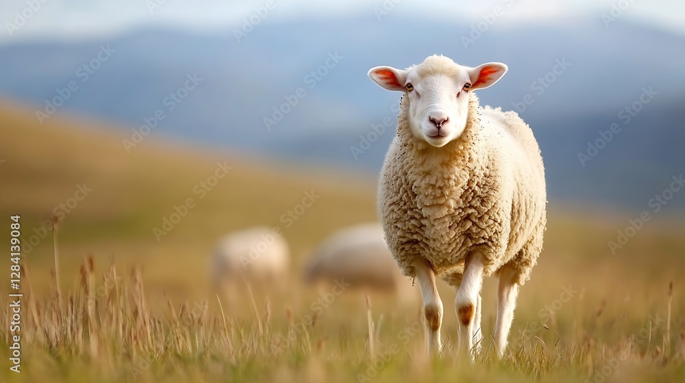 Poster Fluffy white sheep standing in a green meadow with rolling hills in the background creating a peaceful scene : Generative AI