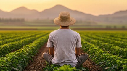 Serene Farmer Meditating in a Lush Green Field at Sunset