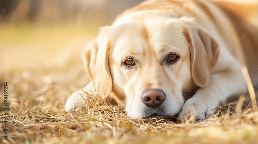 Poster gentle labrador dog relaxing in sunlight on grass with a calm expression : generative ai
