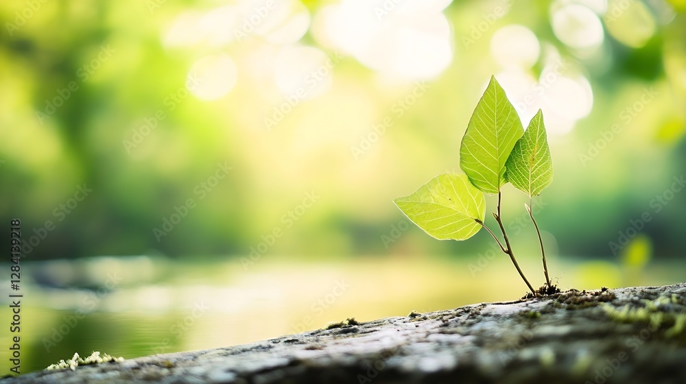Poster vibrant green leaves emerging from a weathered log in a sunlit forest setting : generative ai