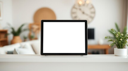 Fototapeta premium Tablet display mockup on white surface with blurred interior background in home or office environment.