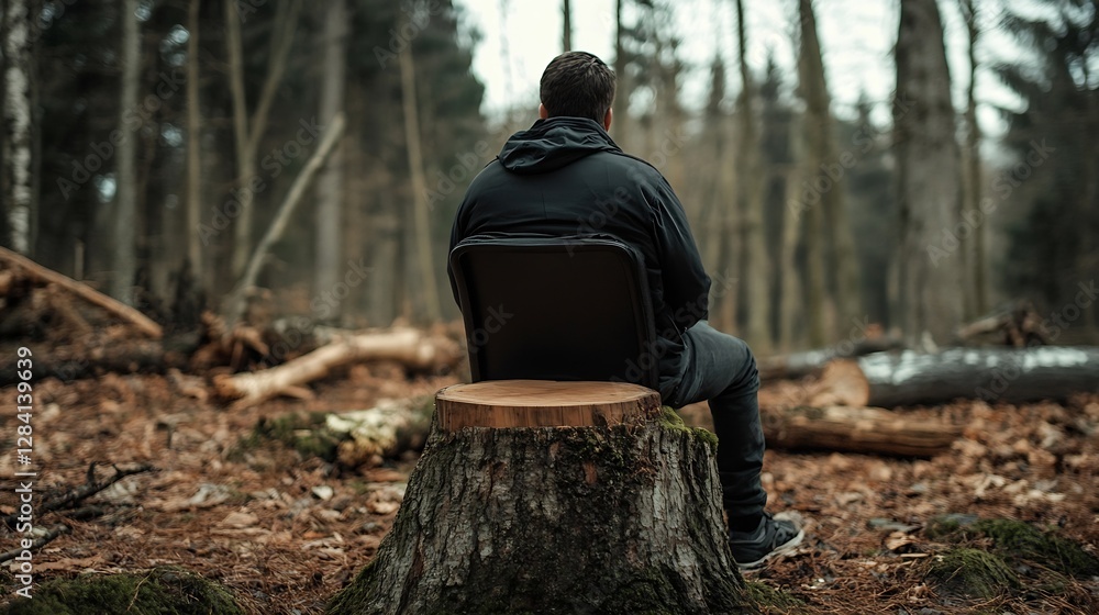 Aufkleber a lone figure sits on a rustic chair in a peaceful forest surrounded by trees and soft autumn leaves