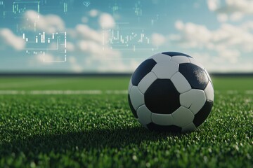 Fototapeta premium Soccer Ball on Green Field with Abstract Digital Elements