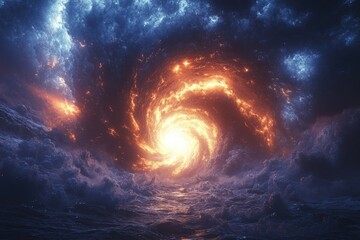 Obraz premium A swirling vortex of fire and clouds above ocean waters