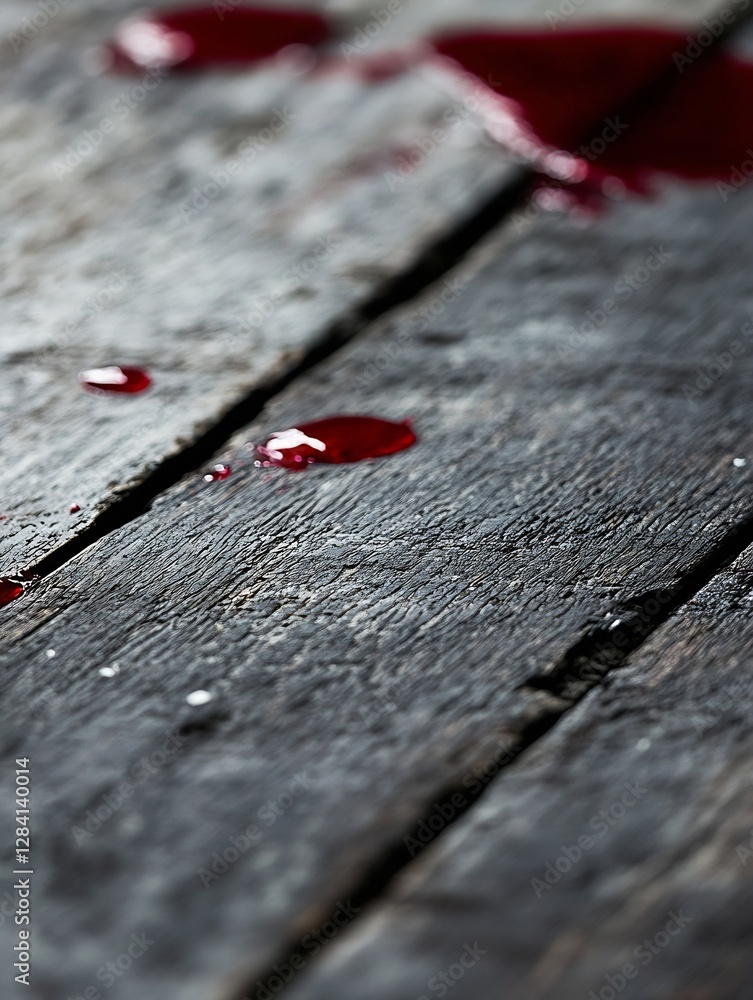 Aufkleber rich crimson liquid droplets on rustic wooden planks creating a dramatic and moody aesthetic : gener