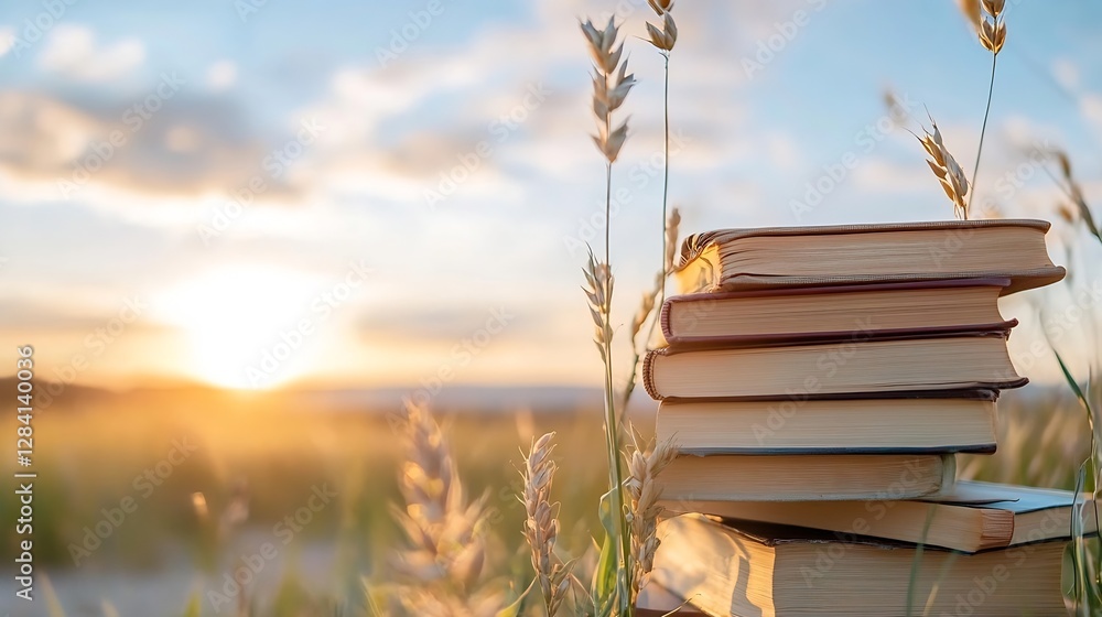 Leinwandbilder stack of books illuminated by warm sunlight in a serene golden field at sunset : generative ai