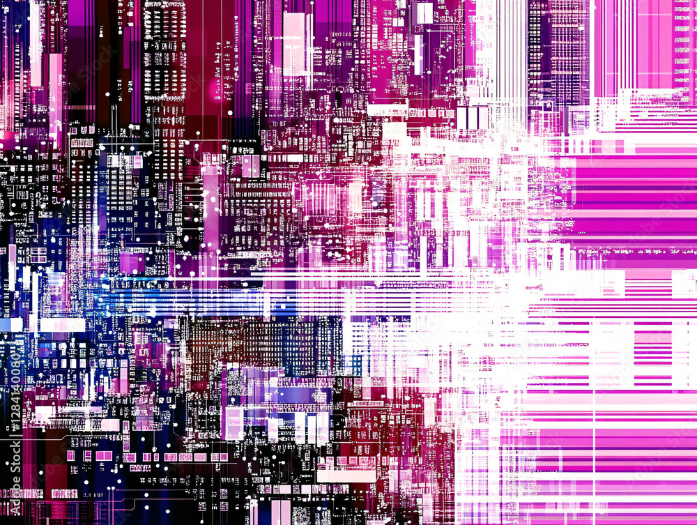 Poster a vibrant abstract digital glitch pattern with pink and purple pixel distortions creating a futurist