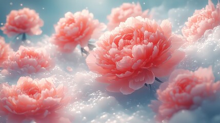 Elegant pink peonies blooming in soft clouds nature photography serene environment aerial view