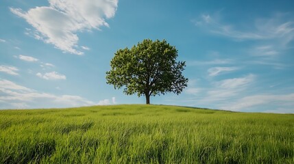Beautiful solitary tree on a grassy hill under a bright blue sky with fluffy clouds creating a tranquil scene : Generative AI