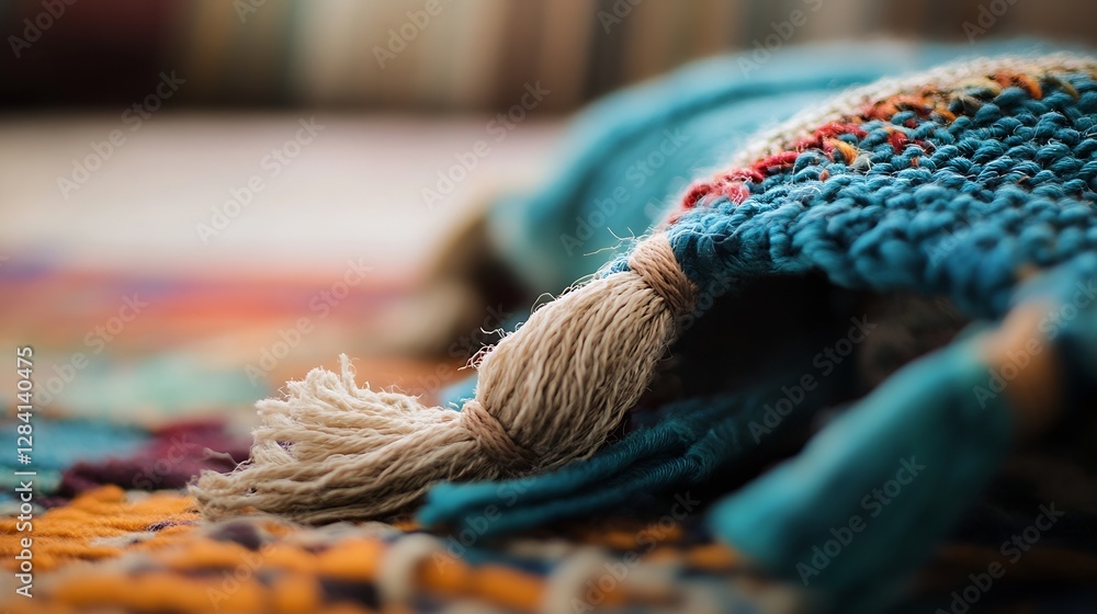 Aufkleber closeup of colorful woven textile with tassels showcasing texture and craftsmanship in home décor : 