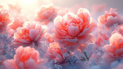 Blooming peonies in a soft sunrise nature photography serene garden floral beauty close-up view tranquil vibes