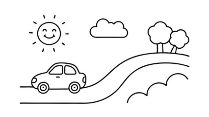 Cartoon Car Traveling on a Winding Road Through a Sunny Landscape Adobe Illustrator Artwork
