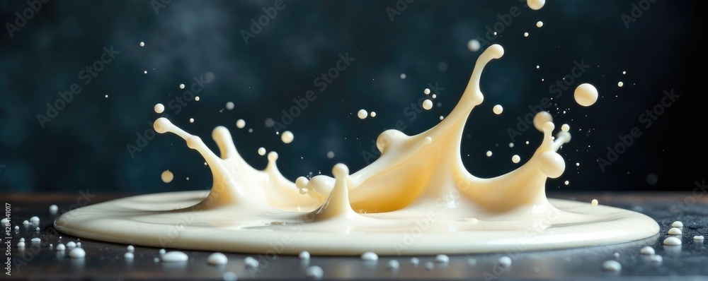 Wall mural creamy milk splashes on a dark canvas early morning, cream, milk, droplets