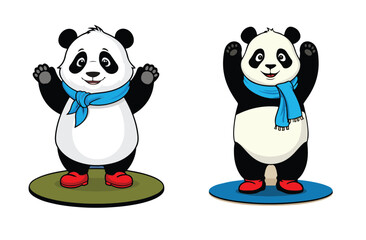 Two Cartoon Panda Friends in Matching Scarves and Shoes, Standing on Different Colored Platforms, Showing Slight Variations in Pose.
