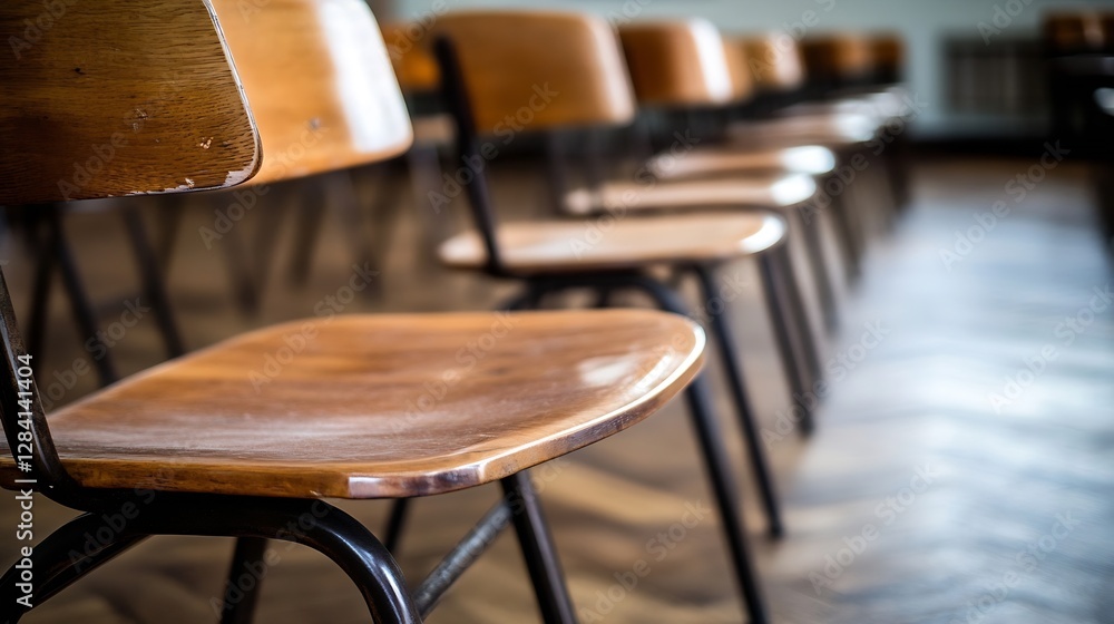 Poster Row of empty wooden school chairs on polished floor in a classroom setting captured with artistic depth of field : Generative AI