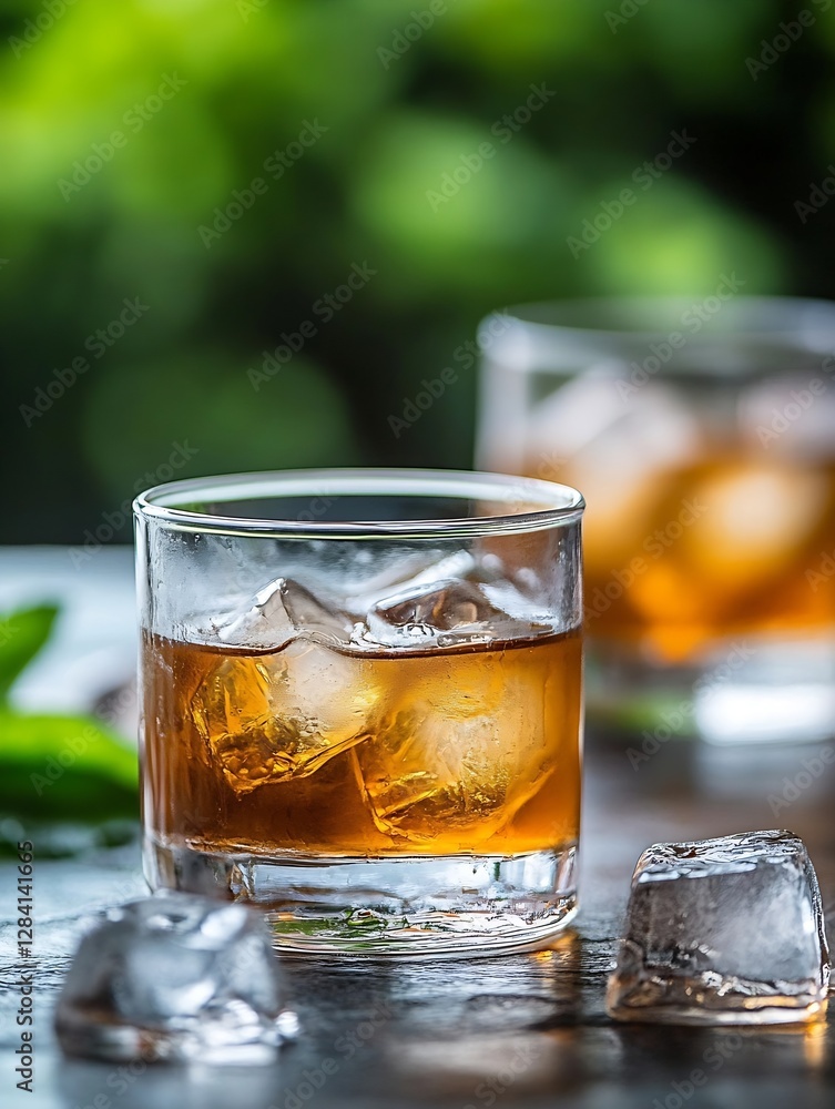 Poster refreshing glass of whiskey on ice with blurred background illustrating relaxation : generative ai