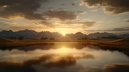Fototapeta premium Golden sunset over a peaceful lake cosmic reflection nature scene tranquil atmosphere warm viewpoint solar beauty