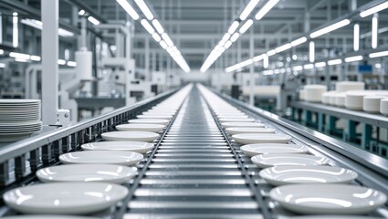 Fototapeta premium Rows of pristine white plates glide down a conveyor belt in a modern, high-tech factory.