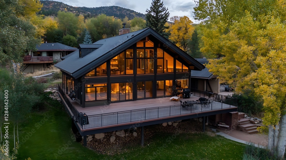 Poster modern architectural design of a luxurious house featuring a large deck surrounded by trees and moun