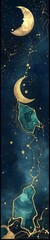 Abstract celestial moon and star art with teal and gold accents.