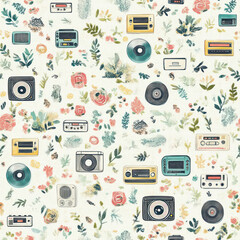 Obraz premium Vintage audio tech & floral seamless pattern, textile design