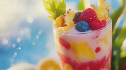 Refreshing Tropical Fruit Smoothie with Berries and Pineapple Garnish