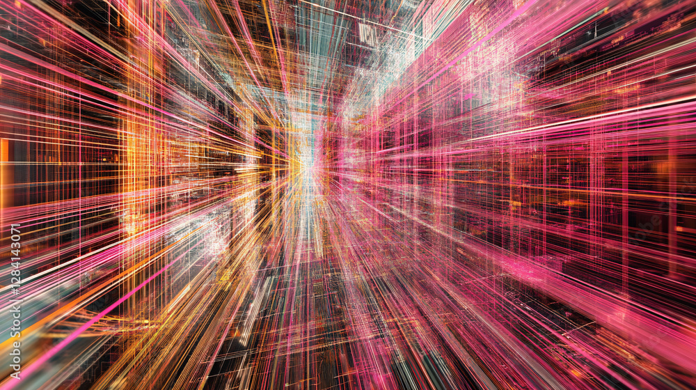 Poster a futuristic abstract visualization of digital acceleration with glowing pink and orange cyber lines