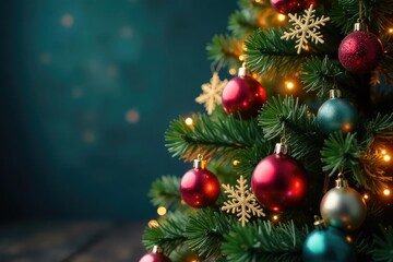 Decorated Christmas tree with multicolored ornaments and snowflakes, holiday decor, garlands, festive lights