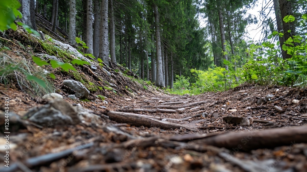 Poster Serene forest path captured from a low angle with rustic roots and green foliage : Generative AI