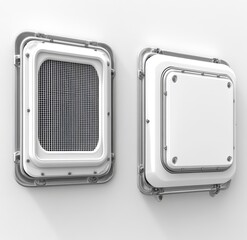 White ventilation panels wall-mounted, clean room background, HVAC system