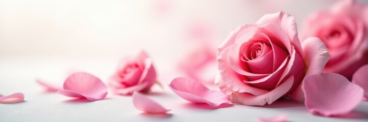 Fototapeta premium Defocused rose petals against a soft white background with haze, white rose, abstract