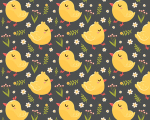 Chickens and flowers. Vector cartoon illustration