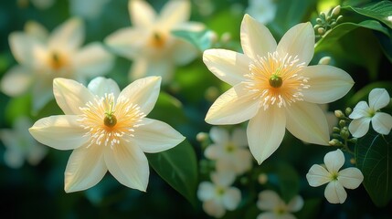 Fototapeta premium Delicate white flowers blooming in a lush garden nature photography close-up view serenity and beauty