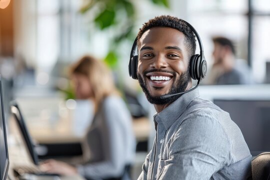 Smiling male customer service representative wearing a headset in a modern office