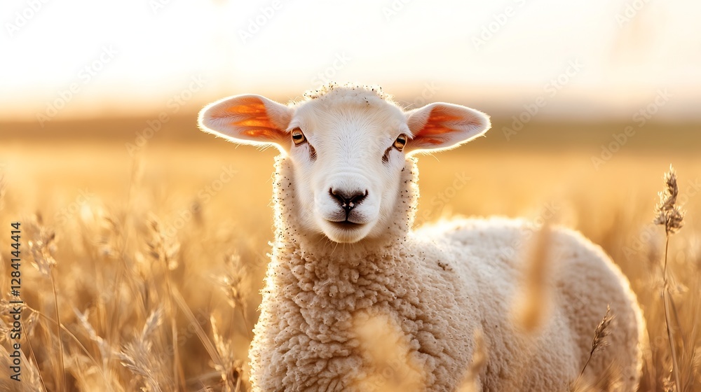 Poster charming portrait of a sheep grazing peacefully in golden grass field under warm sunlight during sun