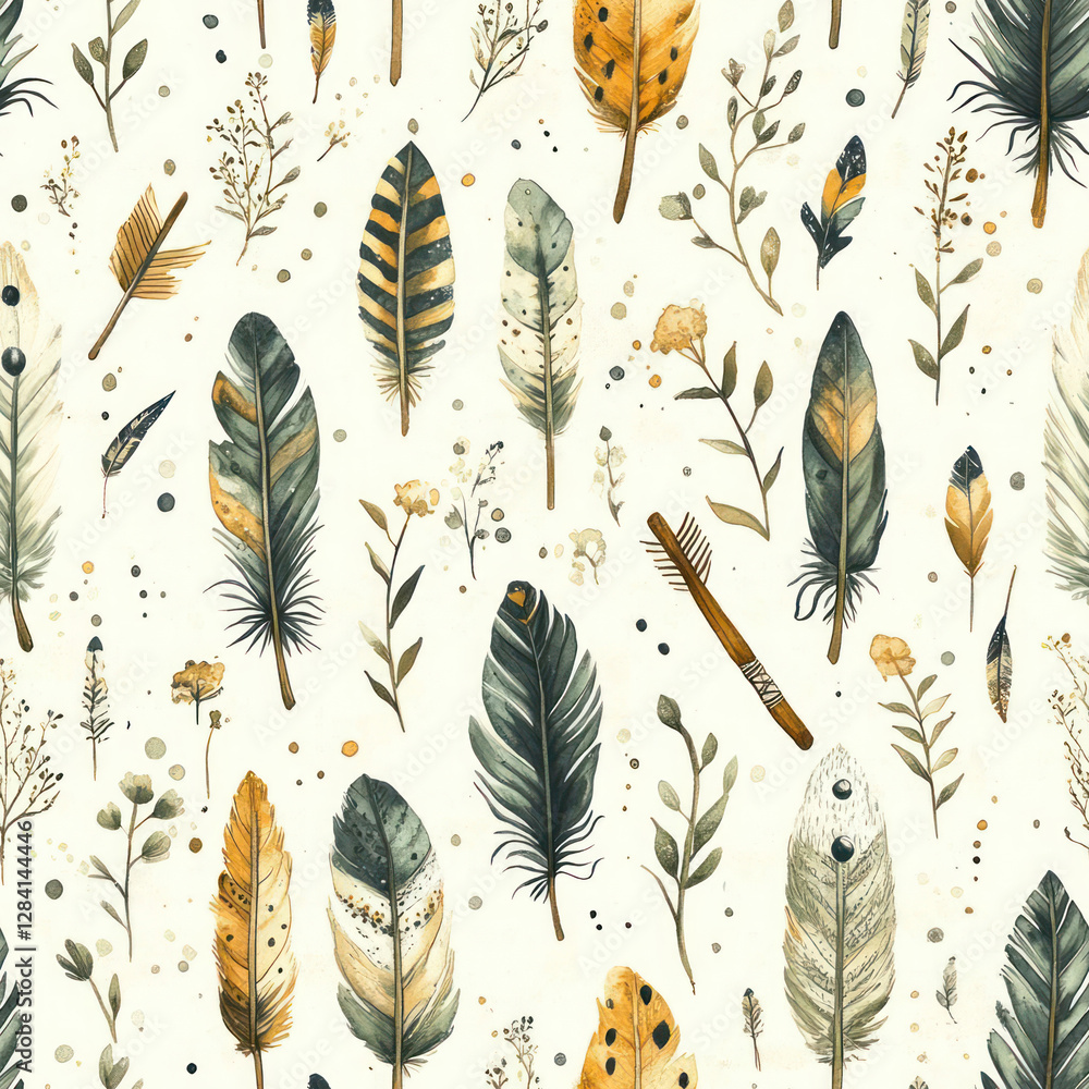 Poster watercolor feather and plant pattern on white background for fabric or wallpaper . seamless pattern.