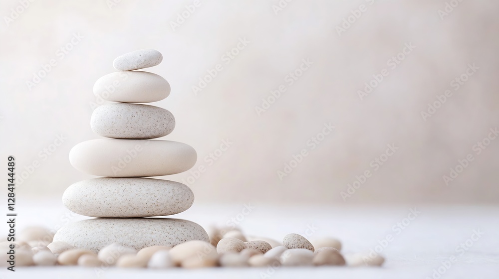 Poster Serene stack of smooth white stones symbolizing balance and tranquility in a minimalist setting : Generative AI